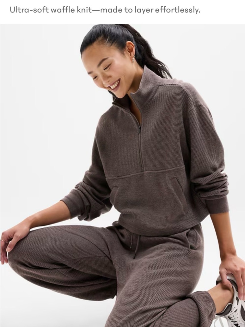Athleta Ultra-Soft Waffle Knit Half-Zip Sweatshirt in Brown size xsmall